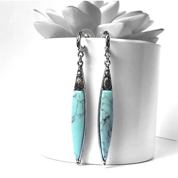 1 LEFT! Handmade Marquis Dangle Turquoise Stone Hoop Lightweight Earrings - Picture 1 of 3